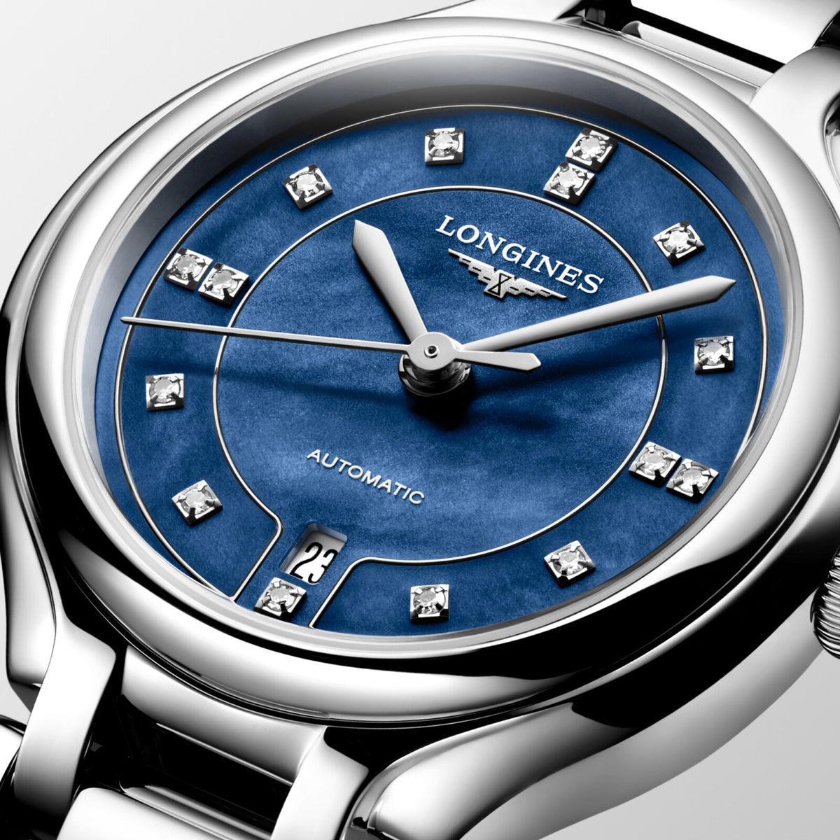 [SIMCHA-OFFICIAL-GALLERY:L8.123.4.97.6:02] Longines PrimaLuna 30.00mm Automatic Luminous Blue mother-of-pearl Dial Stainless Steel Bracelet Watch — official gallery view 2
