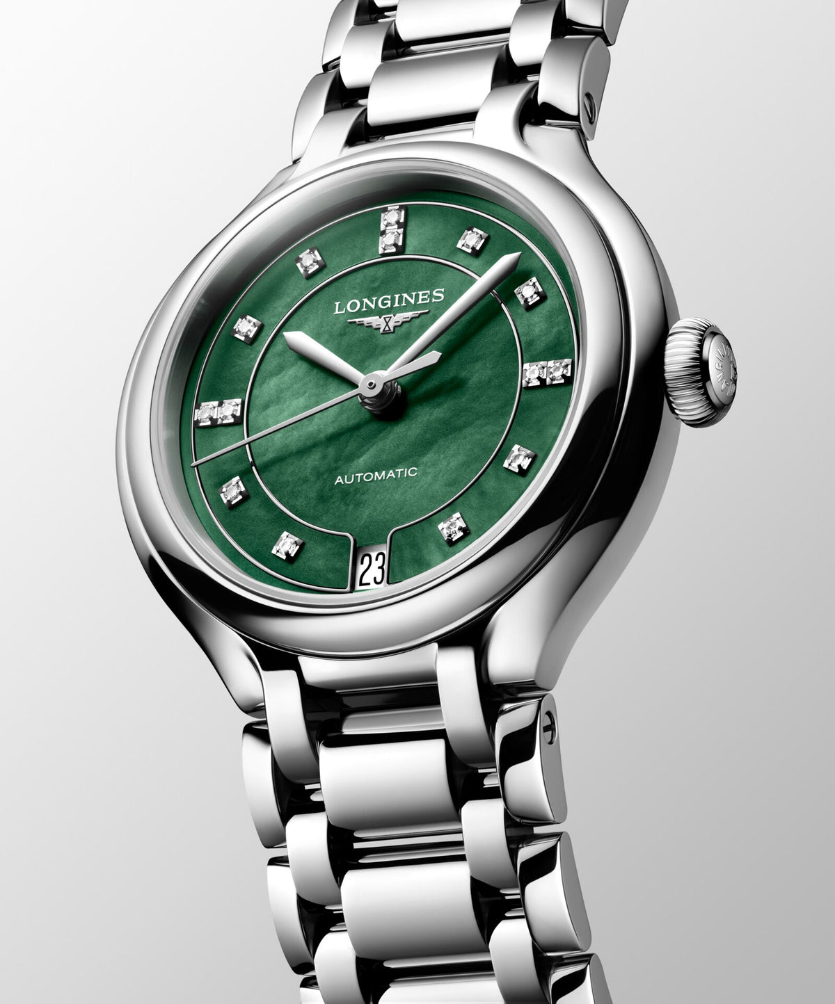 [SIMCHA-OFFICIAL-GALLERY:L8.124.4.07.6:04] Longines PrimaLuna 34.00mm Automatic Vivid Green mother-of-pearl Dial Stainless Steel Bracelet Watch — official gallery view 4