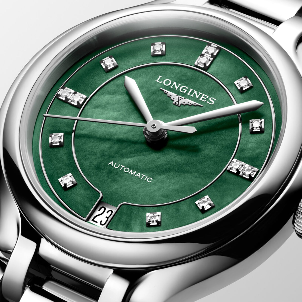 [SIMCHA-OFFICIAL-GALLERY:L8.124.4.07.6:02] Longines PrimaLuna 34.00mm Automatic Vivid Green mother-of-pearl Dial Stainless Steel Bracelet Watch — official gallery view 2