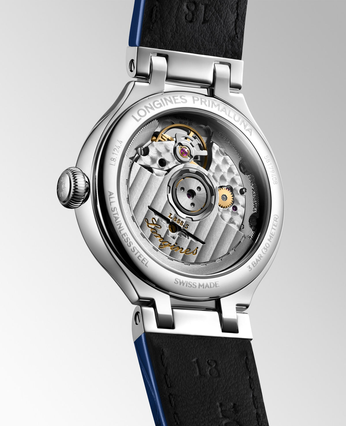 [SIMCHA-OFFICIAL-GALLERY:L8.124.4.71.2:05] Longines PrimaLuna 34.00mm Automatic Sunray silver Dial Blue Alligator Strap Watch — official gallery view 5