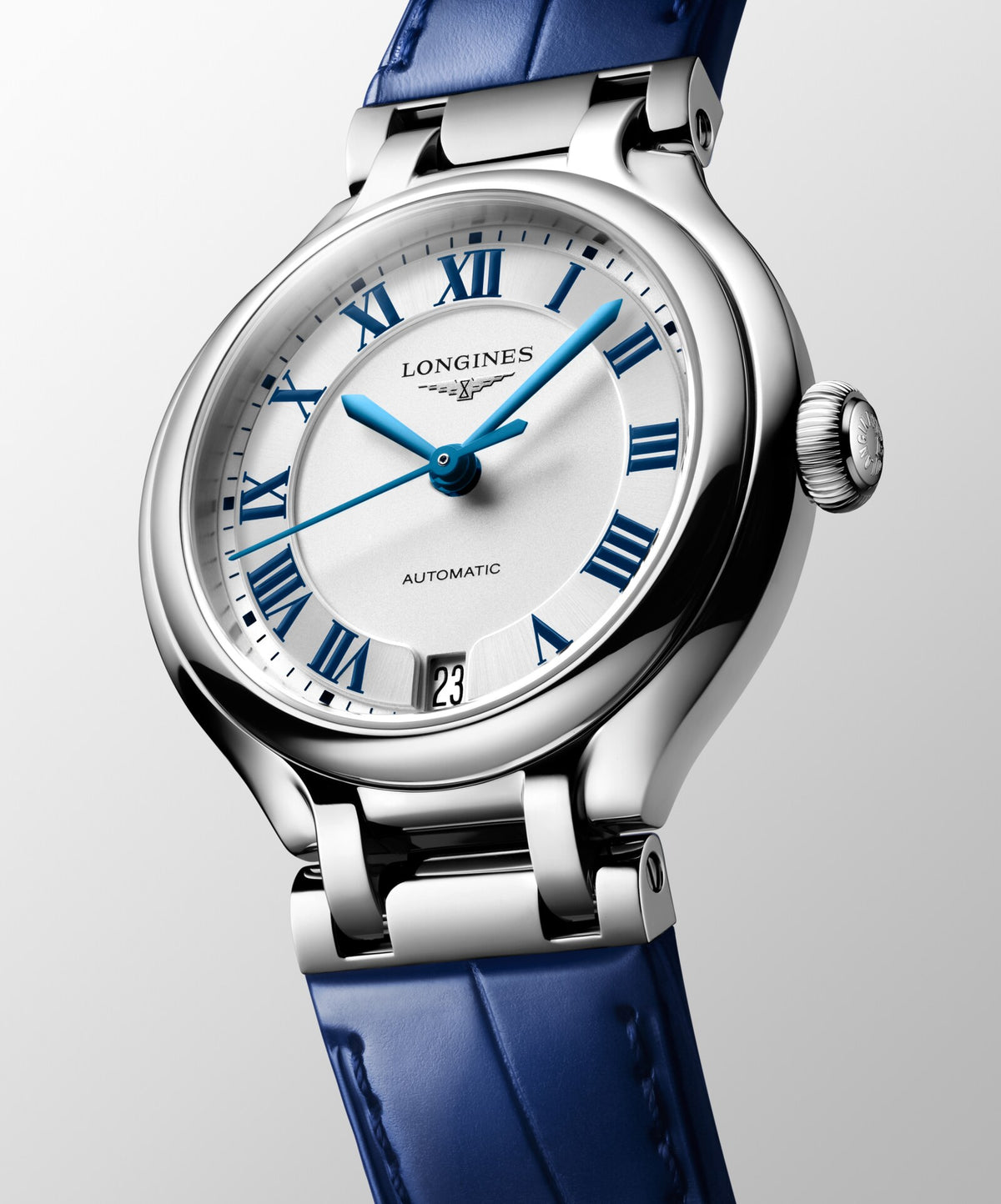 [SIMCHA-OFFICIAL-GALLERY:L8.124.4.71.2:04] Longines PrimaLuna 34.00mm Automatic Sunray silver Dial Blue Alligator Strap Watch — official gallery view 4