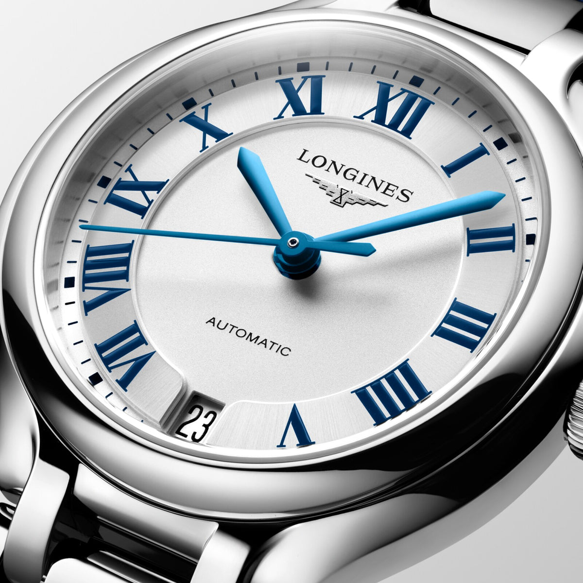[SIMCHA-OFFICIAL-GALLERY:L8.124.4.71.2:02] Longines PrimaLuna 34.00mm Automatic Sunray silver Dial Blue Alligator Strap Watch — official gallery view 2