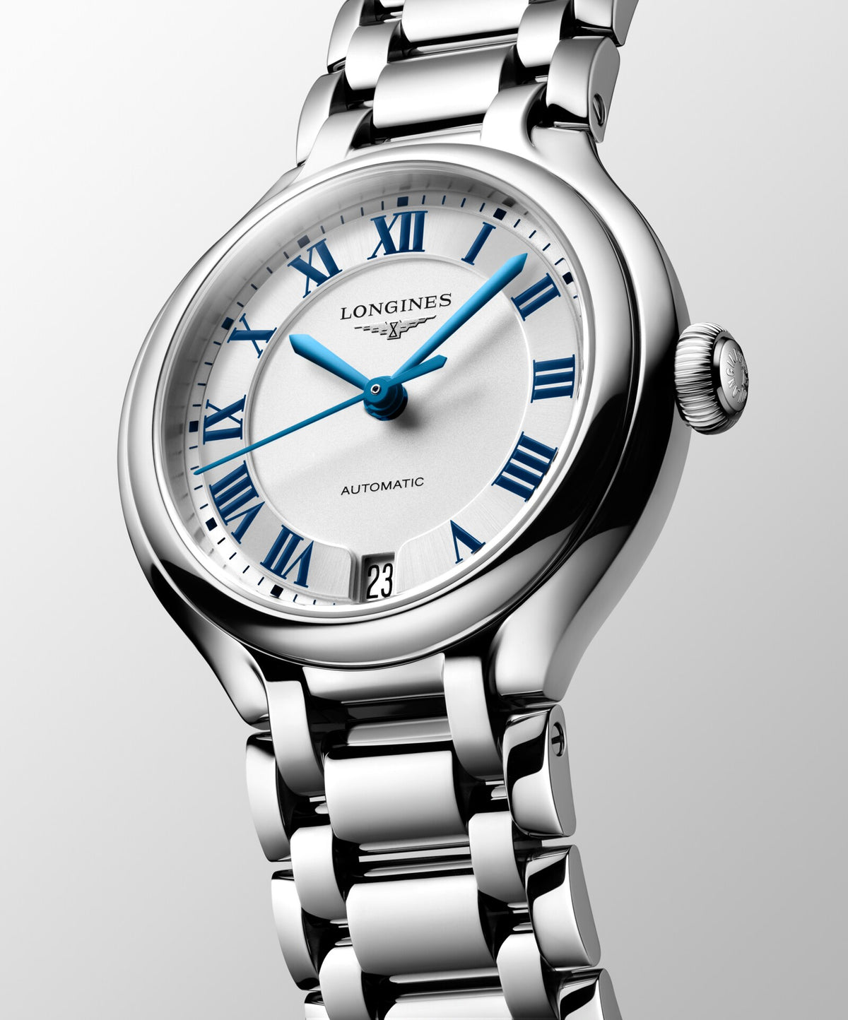 [SIMCHA-OFFICIAL-GALLERY:L8.124.4.71.6:04] Longines PrimaLuna 34.00mm Automatic Sunray silver Dial Stainless Steel Bracelet Watch — official gallery view 4