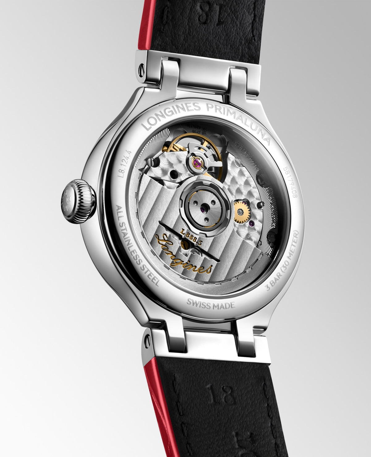 [SIMCHA-OFFICIAL-GALLERY:L8.124.4.87.2:05] Longines PrimaLuna 34.00mm Automatic White mother-of-pearl Dial Red Alligator Strap Watch — official gallery view 5