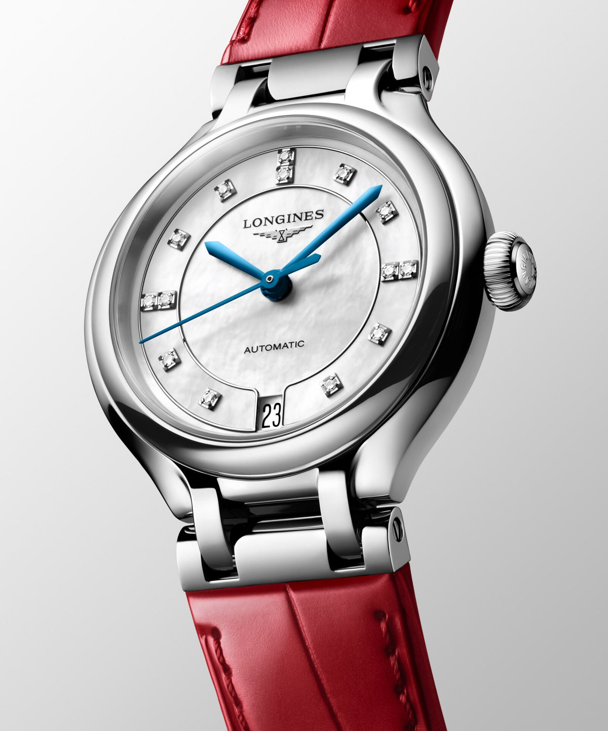 [SIMCHA-OFFICIAL-GALLERY:L8.124.4.87.2:04] Longines PrimaLuna 34.00mm Automatic White mother-of-pearl Dial Red Alligator Strap Watch — official gallery view 4