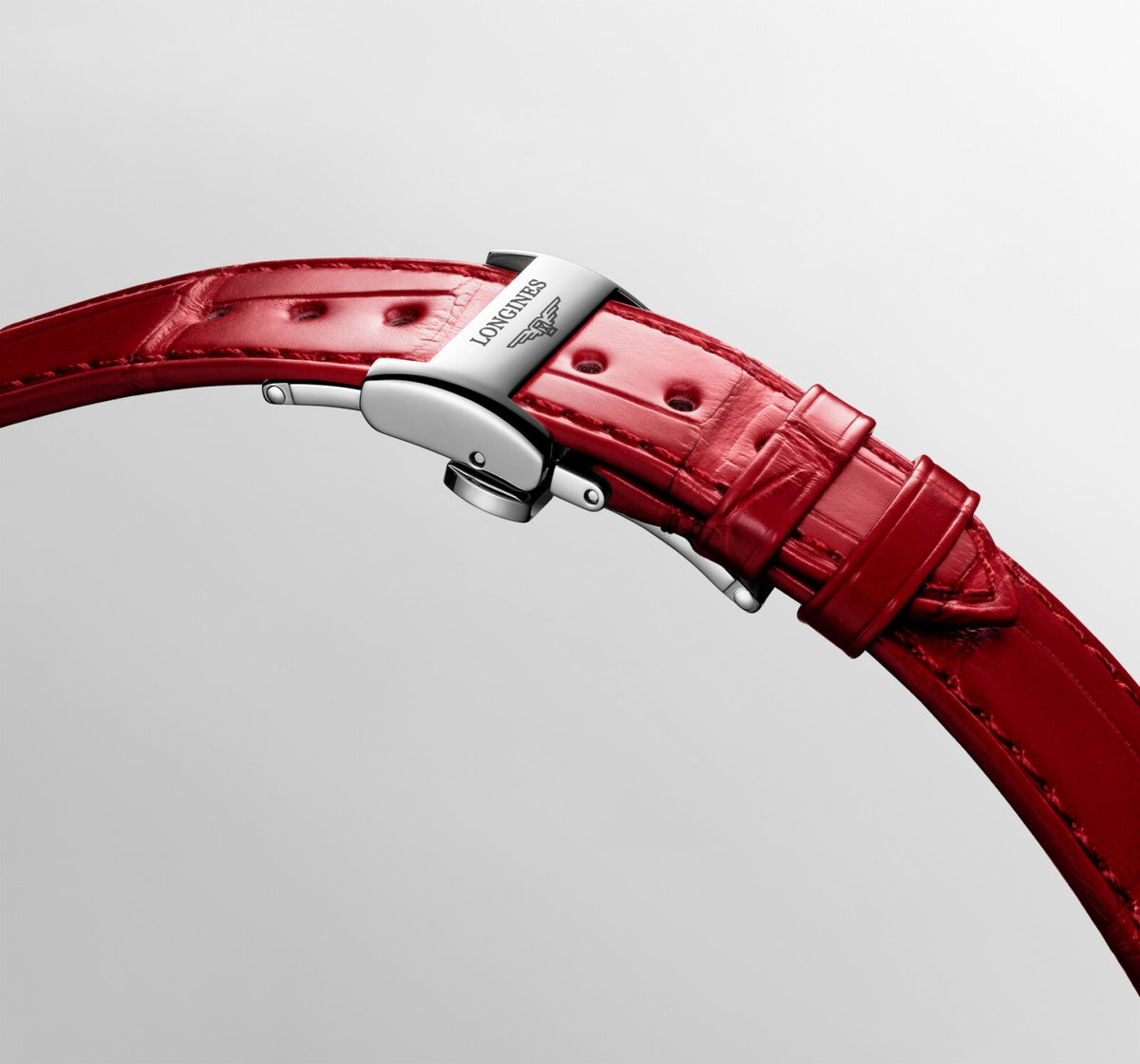 [SIMCHA-OFFICIAL-GALLERY:L8.124.4.87.2:06] Longines PrimaLuna 34.00mm Automatic White mother-of-pearl Dial Red Alligator Strap Watch — official gallery view 6