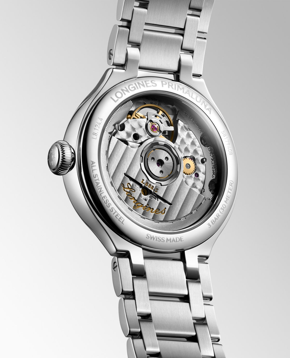 [SIMCHA-OFFICIAL-GALLERY:L8.124.4.87.6:05] Longines PrimaLuna 34.00mm Automatic White mother-of-pearl Dial Stainless Steel Bracelet Watch — official gallery view 5