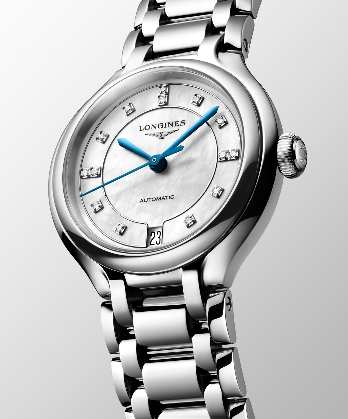 [SIMCHA-OFFICIAL-GALLERY:L8.124.4.87.6:04] Longines PrimaLuna 34.00mm Automatic White mother-of-pearl Dial Stainless Steel Bracelet Watch — official gallery view 4