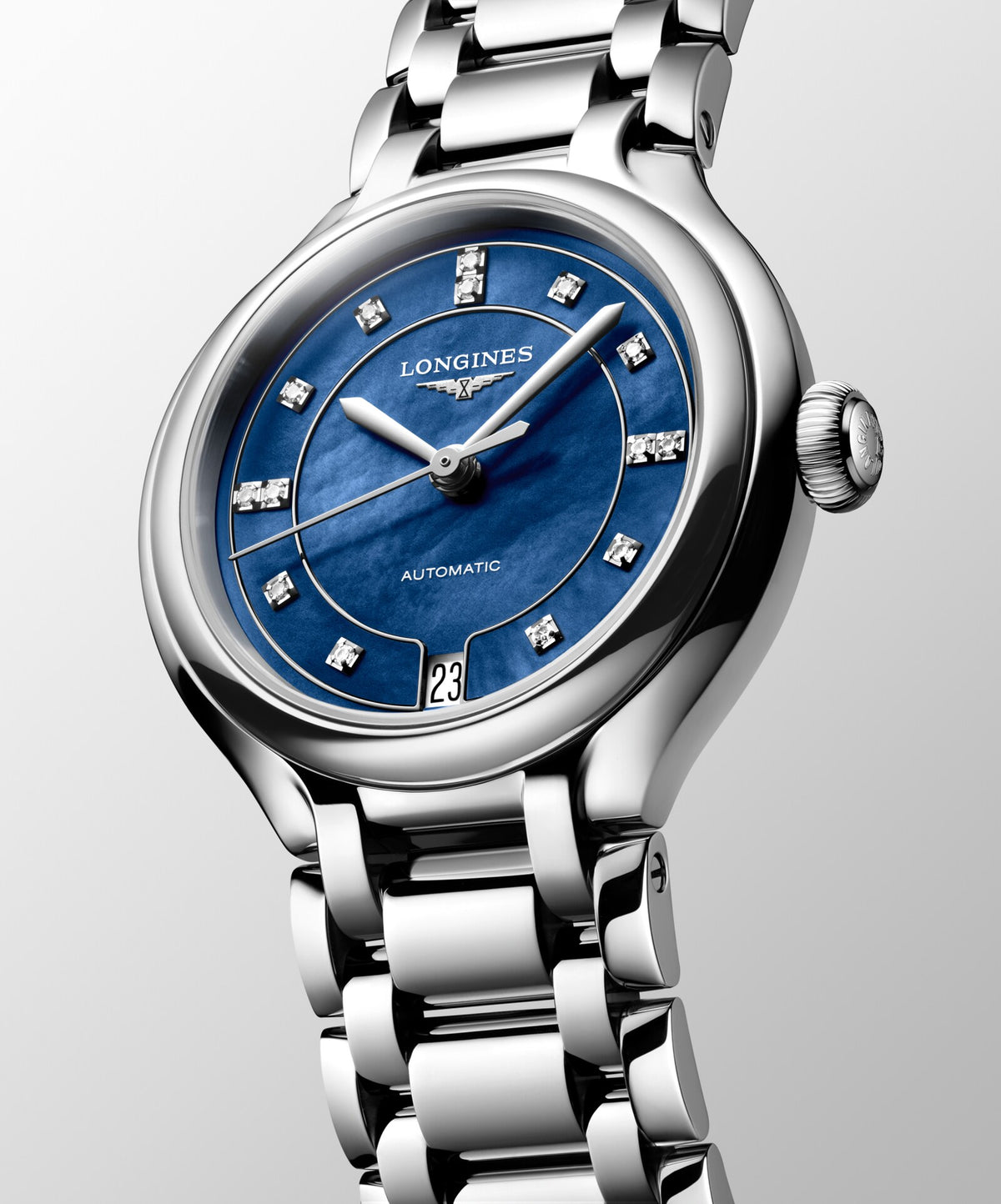 [SIMCHA-OFFICIAL-GALLERY:L8.124.4.97.6:04] Longines PrimaLuna 34.00mm Automatic Luminous Blue mother-of-pearl Dial Stainless Steel Bracelet Watch — official gallery view 4