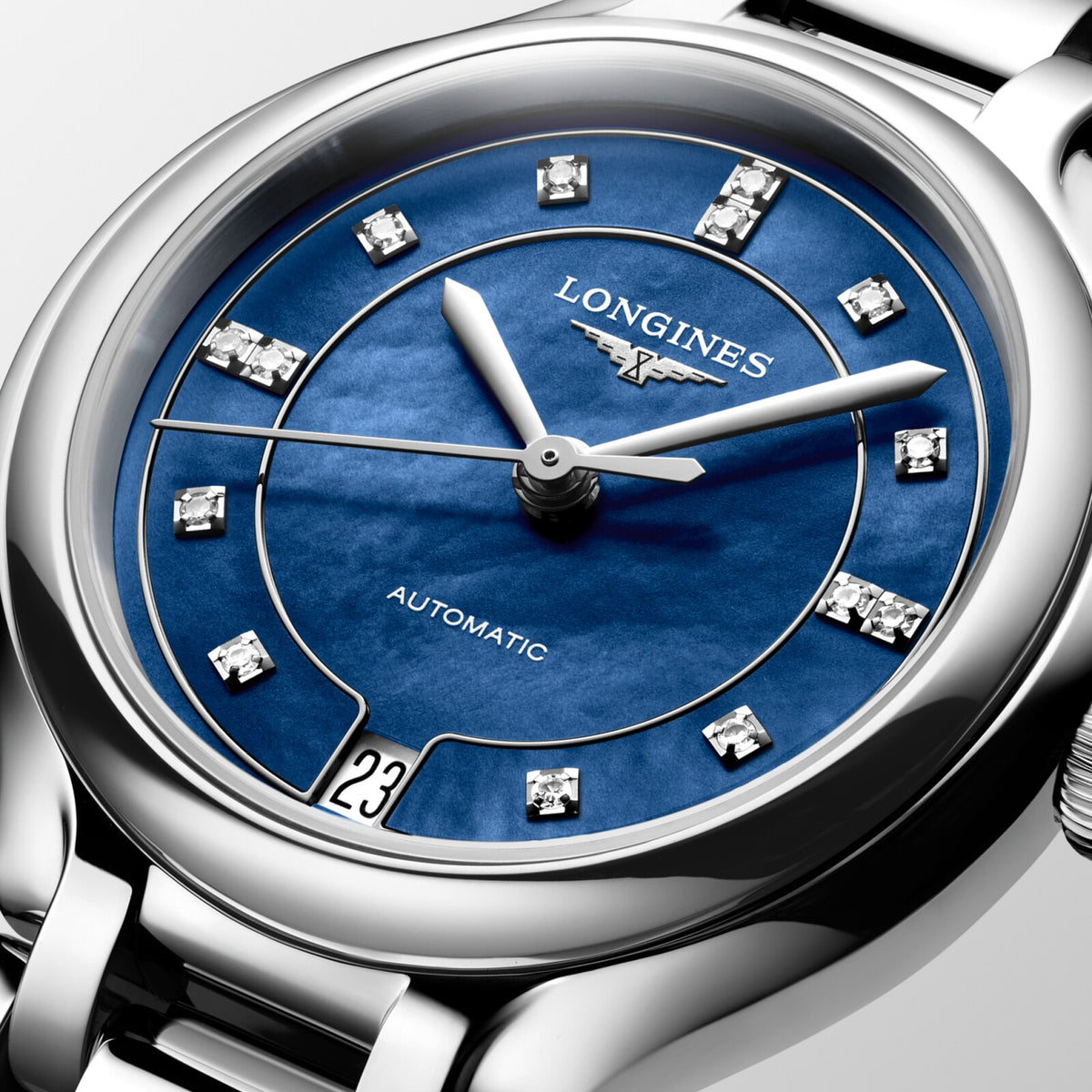 [SIMCHA-OFFICIAL-GALLERY:L8.124.4.97.6:02] Longines PrimaLuna 34.00mm Automatic Luminous Blue mother-of-pearl Dial Stainless Steel Bracelet Watch — official gallery view 2