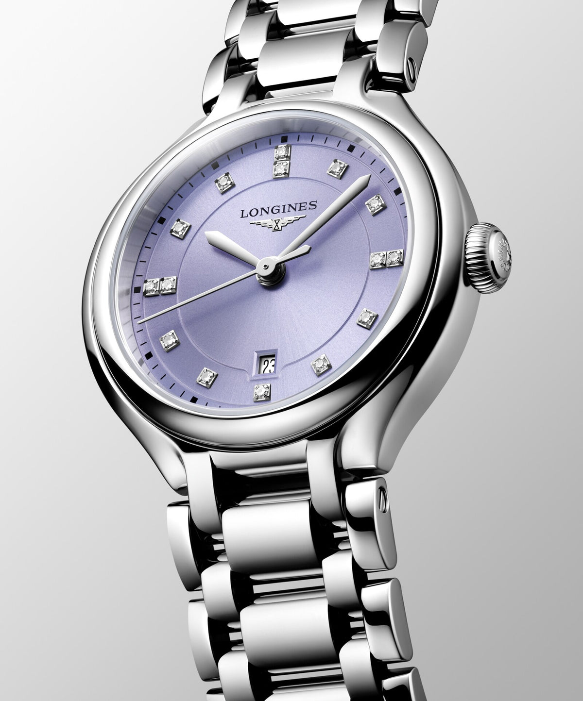 [SIMCHA-OFFICIAL-GALLERY:L8.142.4.07.6:04] Longines PrimaLuna 30.00mm Quartz Lavender mauve sunray Dial Stainless Steel Bracelet Watch — official gallery view 4