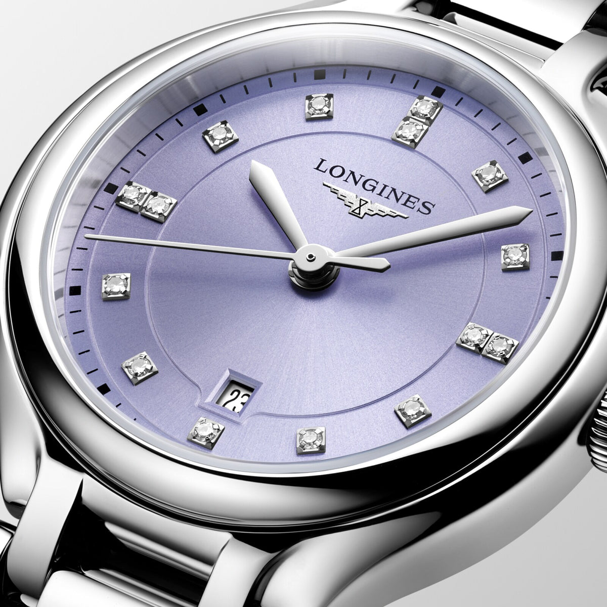 [SIMCHA-OFFICIAL-GALLERY:L8.142.4.07.6:02] Longines PrimaLuna 30.00mm Quartz Lavender mauve sunray Dial Stainless Steel Bracelet Watch — official gallery view 2