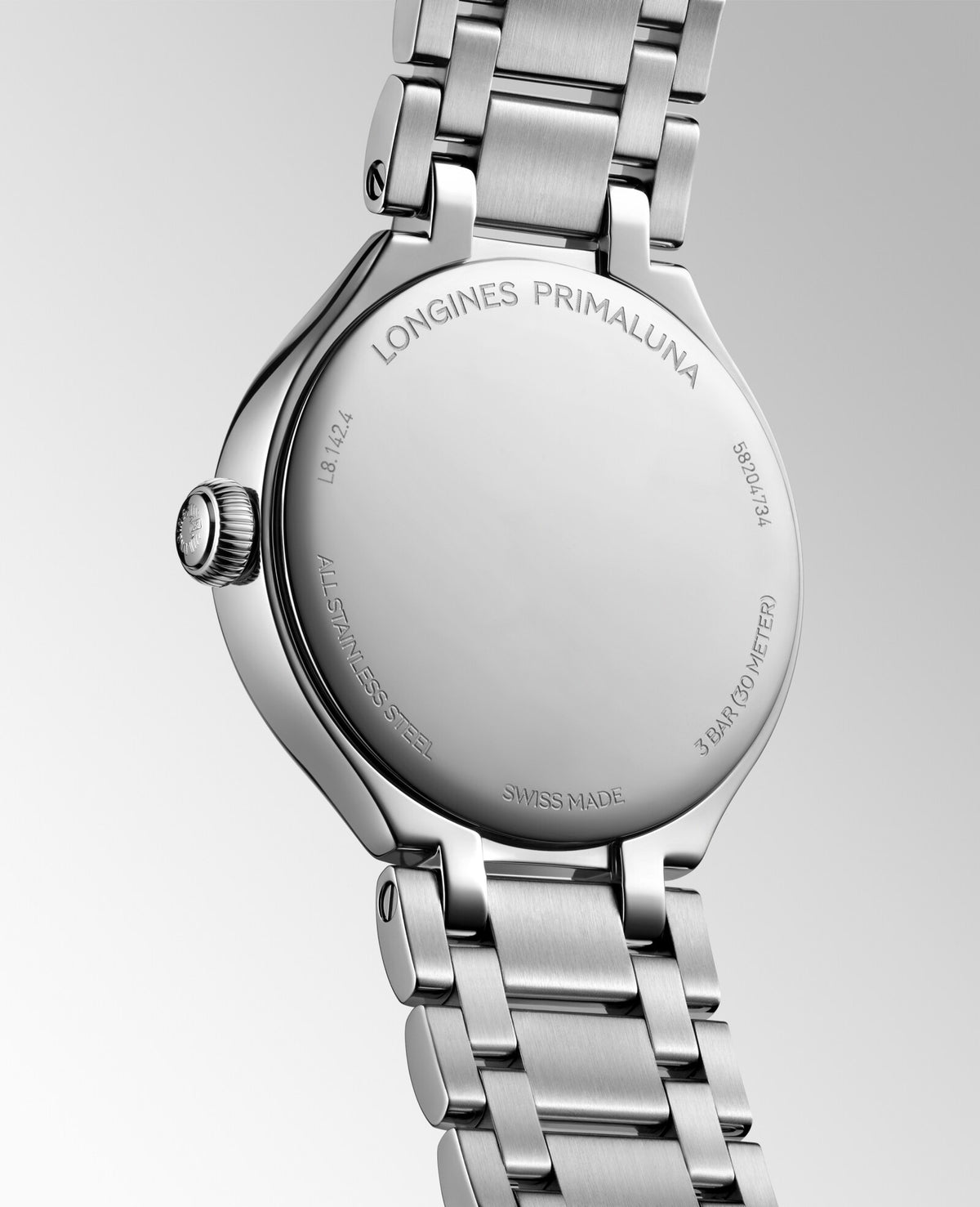 [SIMCHA-OFFICIAL-GALLERY:L8.142.4.71.6:05] Longines PrimaLuna 30.00mm Quartz Sunray silver Dial Stainless Steel Bracelet Watch — official gallery view 5