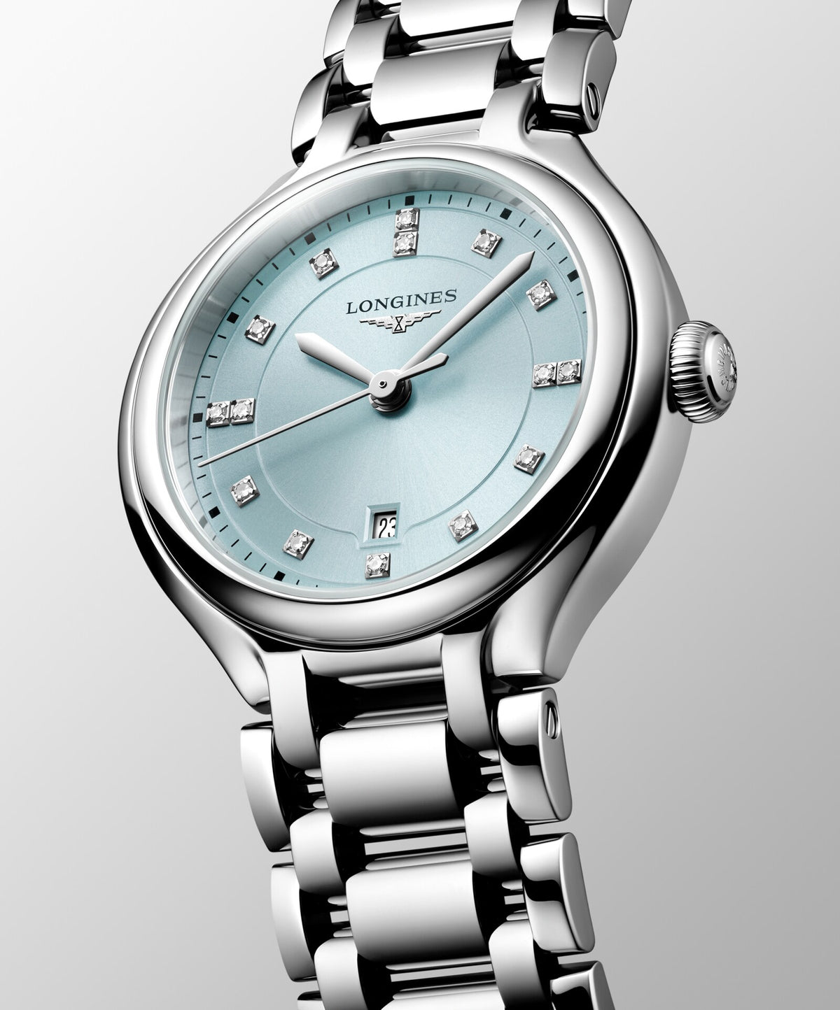 [SIMCHA-OFFICIAL-GALLERY:L8.142.4.97.6:04] Longines PrimaLuna 30.00mm Quartz Mint Blue sunray Dial Stainless Steel Bracelet Watch — official gallery view 4