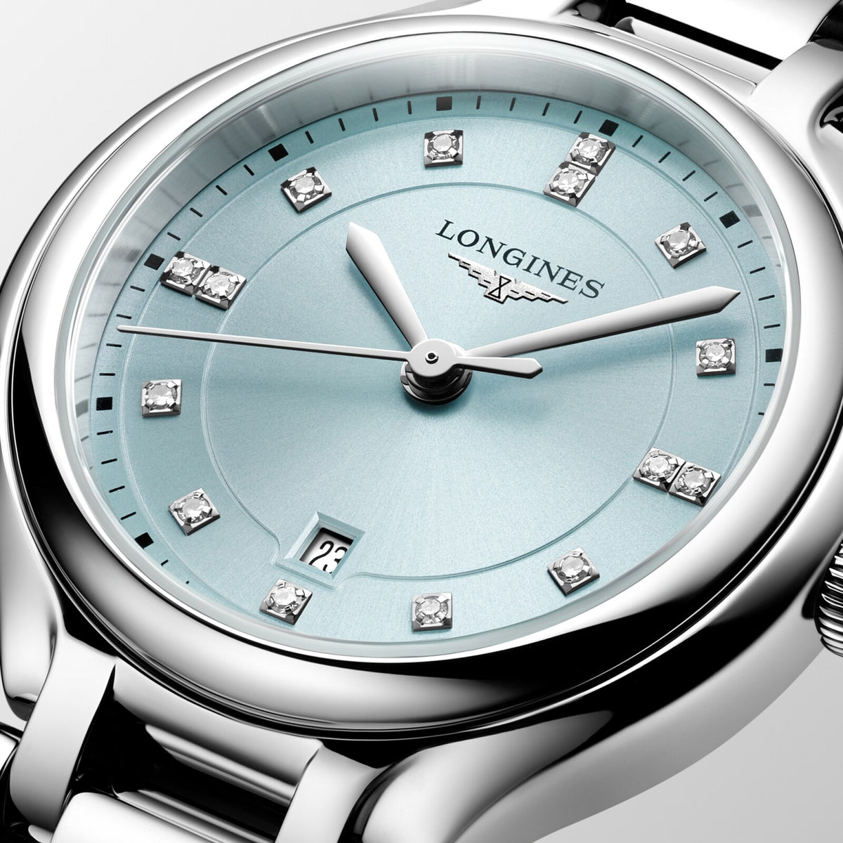 [SIMCHA-OFFICIAL-GALLERY:L8.142.4.97.6:02] Longines PrimaLuna 30.00mm Quartz Mint Blue sunray Dial Stainless Steel Bracelet Watch — official gallery view 2