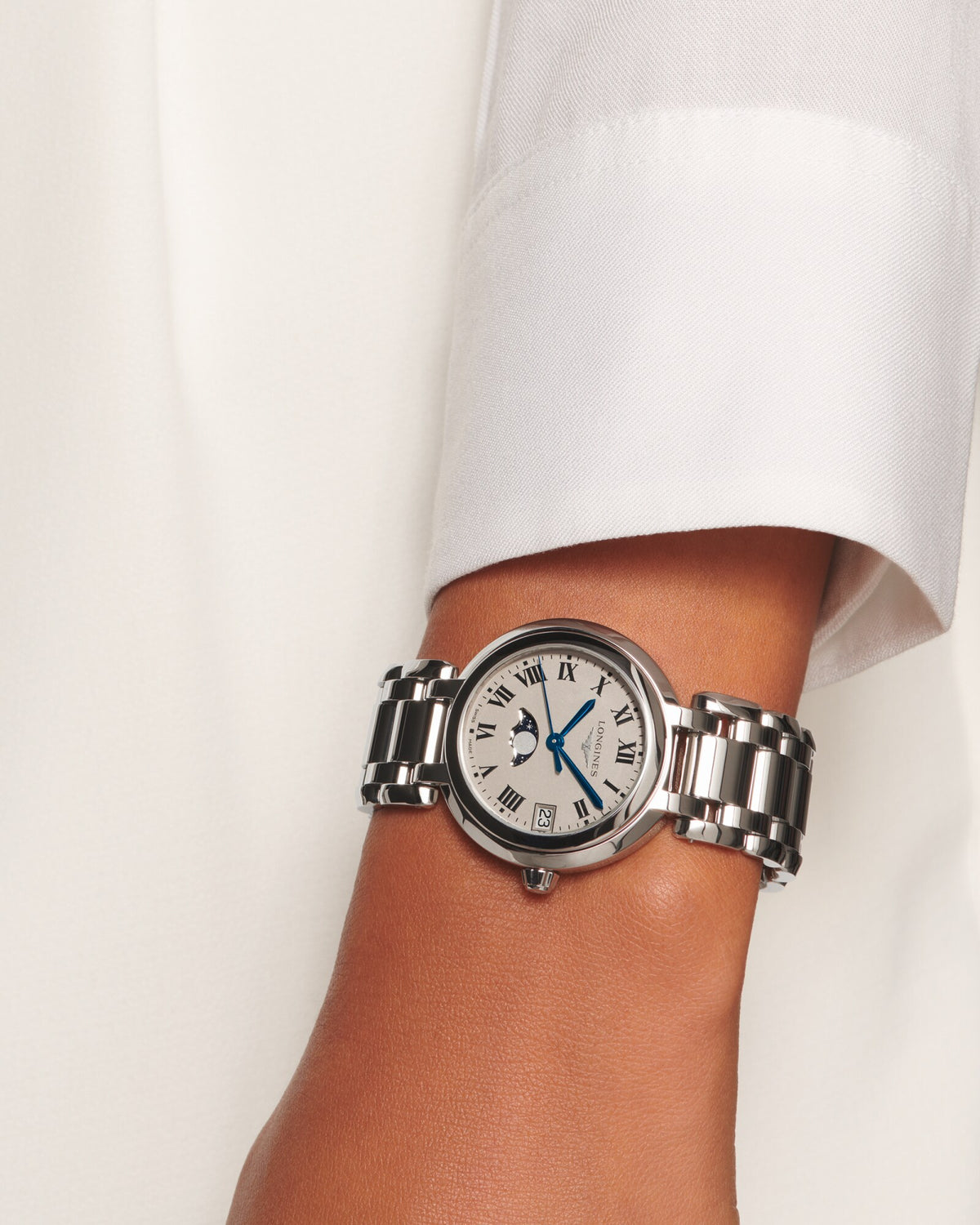 [SIMCHA-OFFICIAL-GALLERY:L8.115.4.71.6:05] Longines PrimaLuna 30.50mm Quartz Opaline Ivory Dial Stainless Steel Bracelet Watch — official gallery view 5