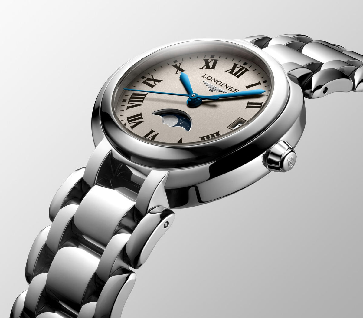 [SIMCHA-OFFICIAL-GALLERY:L8.115.4.71.6:11] Longines PrimaLuna 30.50mm Quartz Opaline Ivory Dial Stainless Steel Bracelet Watch — official gallery view 11
