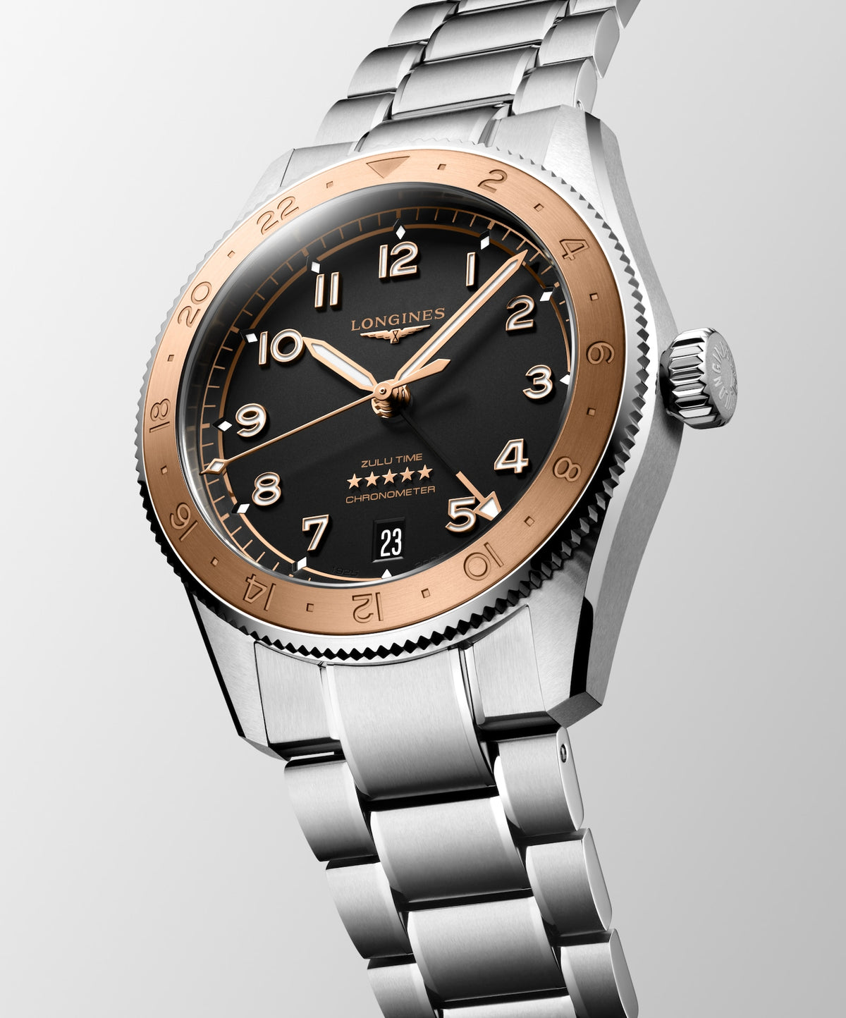 [SIMCHA-TOP500:LONGINES:L3.803.5.53.6:06] LONGINES SPIRIT ZULU TIME 1925 L3.803.5.53.6 Automatic, Stainless steel and rose gold 18 carats cap 200, Black matt, Bracelet Watch - Watch face