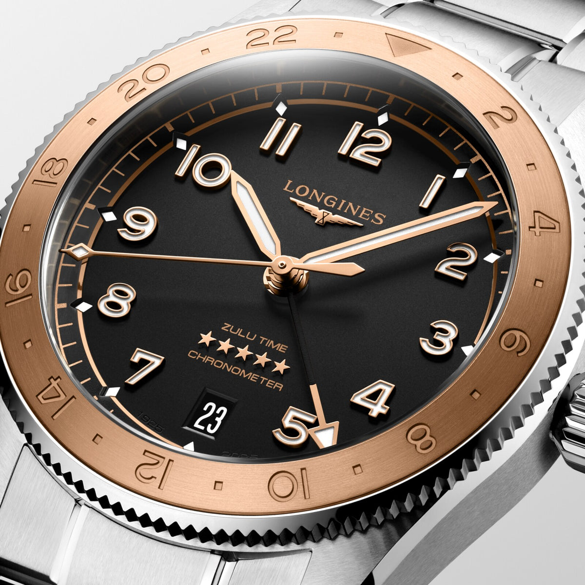 [SIMCHA-TOP500:LONGINES:L3.803.5.53.6:02] LONGINES SPIRIT ZULU TIME 1925 L3.803.5.53.6 Automatic, Stainless steel and rose gold 18 carats cap 200, Black matt, Bracelet Watch - Face close up