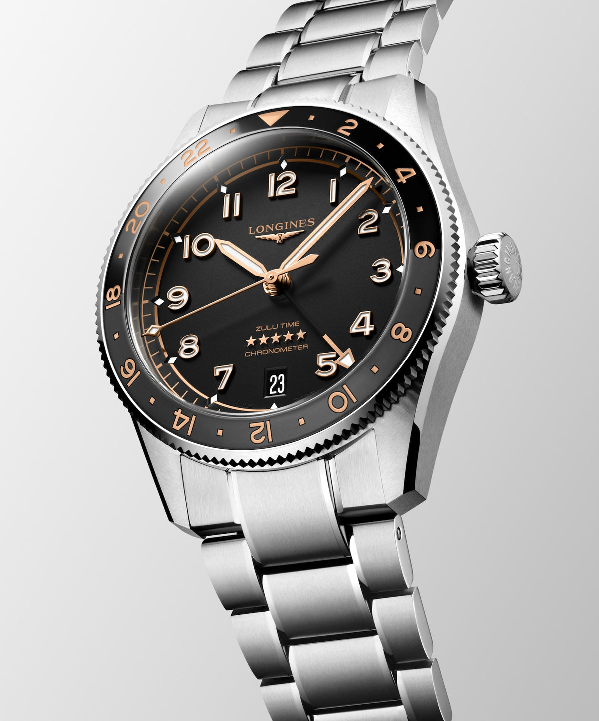 [SIMCHA-STANDALONE:L3.802.4.50.6:03] Longines Spirit Zulu Time 39.00 mm Automatic Black matt Dial Stainless steel Bracelet Watch – L3.802.4.50.6 – LONGINES SPIRIT ZULU TIME L3.802.4.50.6 Automatic, Stainless steel and ceramic bezel, Black matt, Bracelet Watch - Watch face