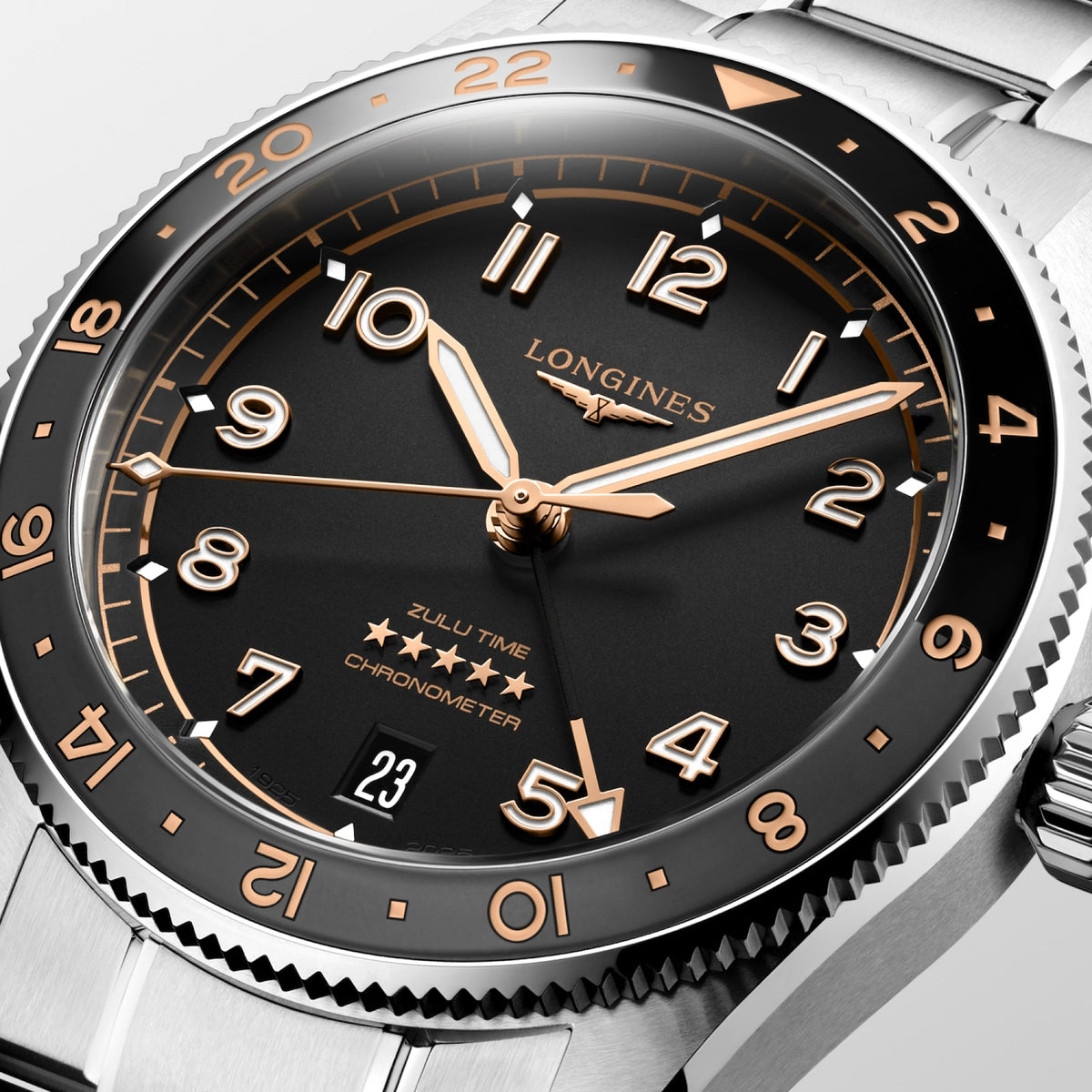 [SIMCHA-STANDALONE:L3.802.4.50.6:02] Longines Spirit Zulu Time 39.00 mm Automatic Black matt Dial Stainless steel Bracelet Watch – L3.802.4.50.6 – LONGINES SPIRIT ZULU TIME L3.802.4.50.6 Automatic, Stainless steel and ceramic bezel, Black matt, Bracelet Watch - Face close up