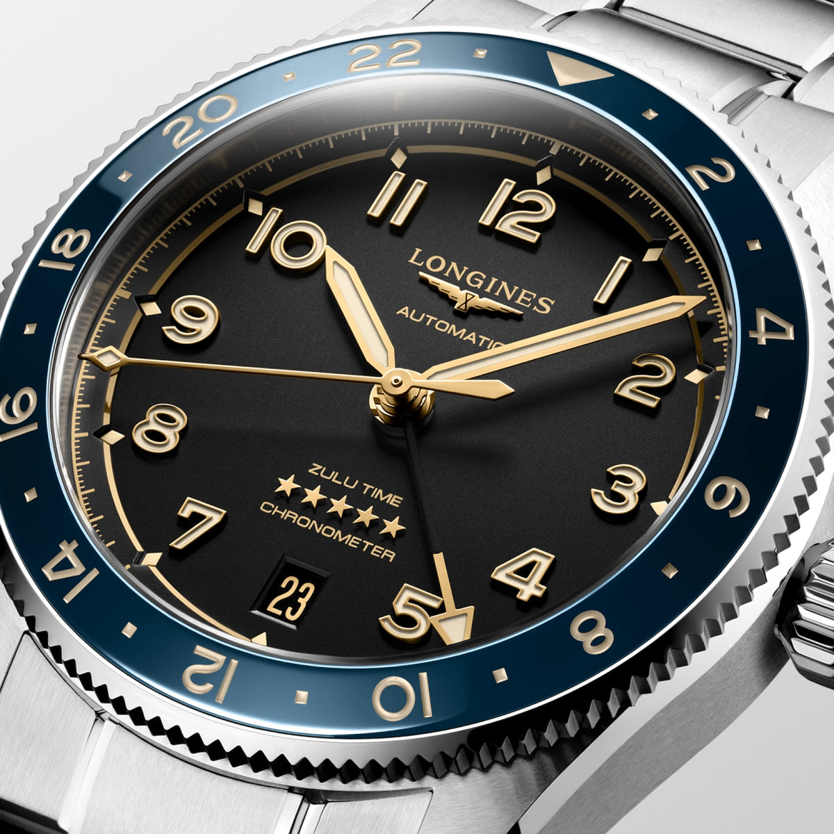 [SIMCHA-STANDALONE:L3.802.4.60.6:02] Longines Spirit Zulu Time 39.00 mm Automatic Anthracite Dial Stainless steel Bracelet Watch – L3.802.4.60.6 – LONGINES SPIRIT ZULU TIME L3.802.4.60.6 Automatic, Stainless steel and ceramic bezel, Anthracite, Bracelet Watch - Face close up