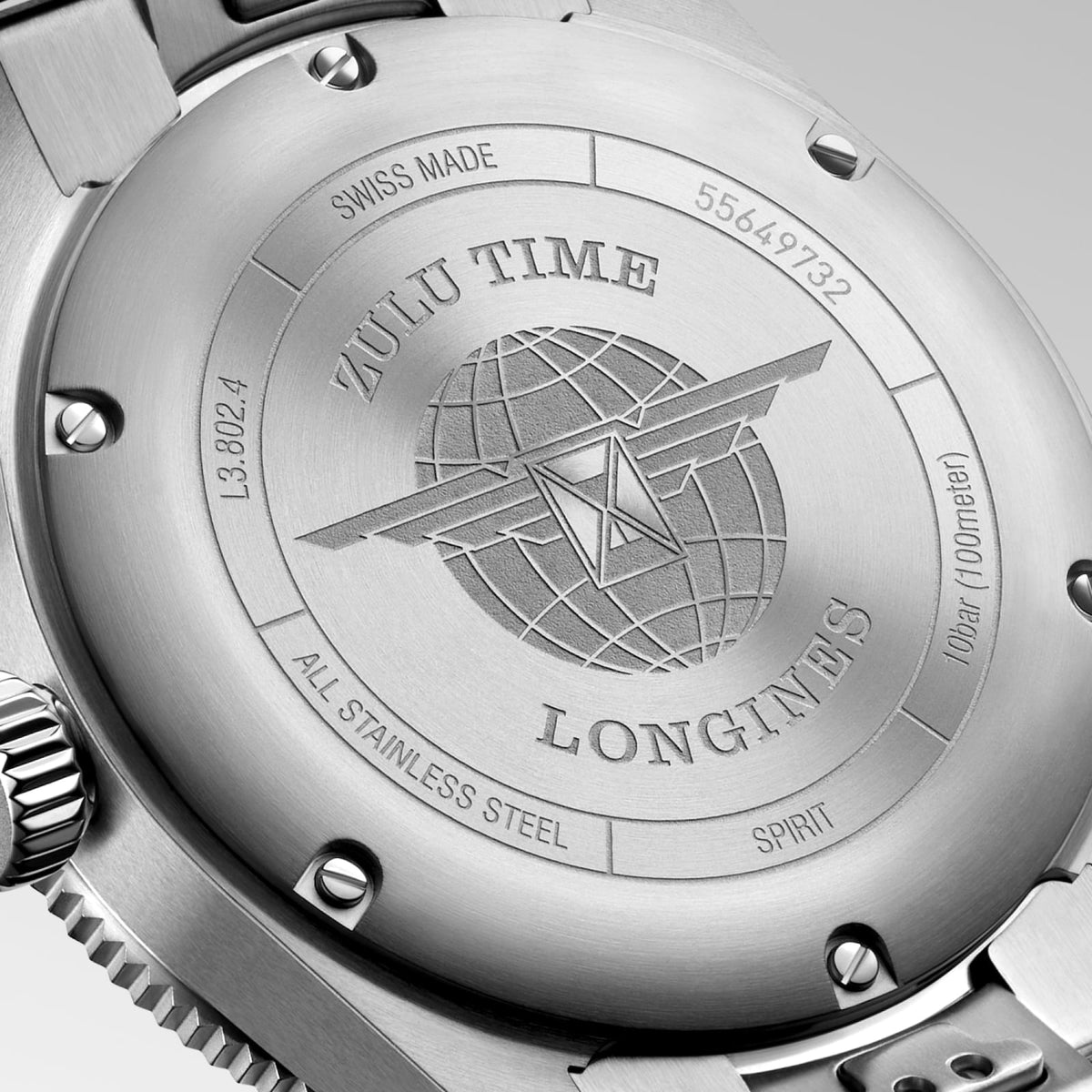 [SIMCHA-STANDALONE:L3.802.4.60.6:03] Longines Spirit Zulu Time 39.00 mm Automatic Anthracite Dial Stainless steel Bracelet Watch – L3.802.4.60.6 – LONGINES SPIRIT ZULU TIME L3.802.4.60.6 Automatic, Stainless steel and ceramic bezel, Anthracite, Bracelet Watch - Back close up