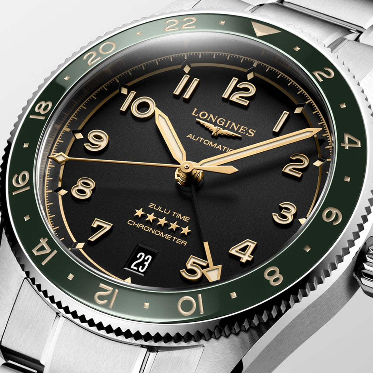 [SIMCHA-STANDALONE:L3.802.4.63.6:02] Longines Spirit Zulu Time 39.00 mm Automatic Anthracite Dial Stainless steel Bracelet Watch – L3.802.4.63.6 – LONGINES SPIRIT ZULU TIME L3.802.4.63.6 Automatic, Stainless steel and ceramic bezel, Anthracite, Bracelet Watch - Face close up