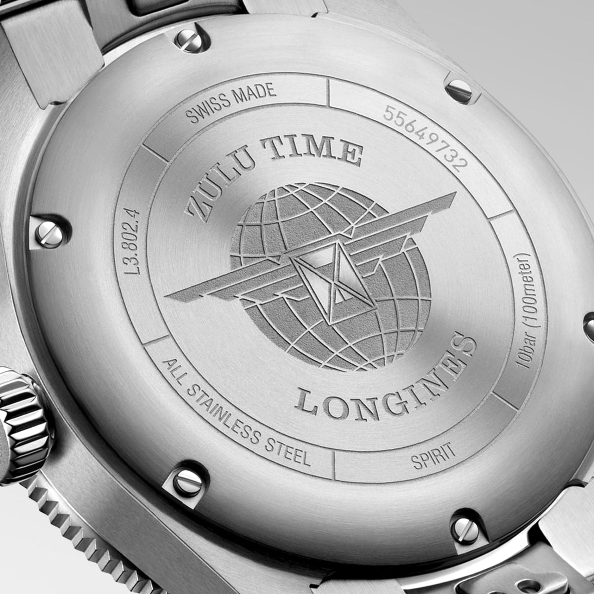 [SIMCHA-STANDALONE:L3.802.4.63.6:04] Longines Spirit Zulu Time 39.00 mm Automatic Anthracite Dial Stainless steel Bracelet Watch – L3.802.4.63.6 – LONGINES SPIRIT ZULU TIME L3.802.4.63.6 Automatic, Stainless steel and ceramic bezel, Anthracite, Bracelet Watch - Back close up