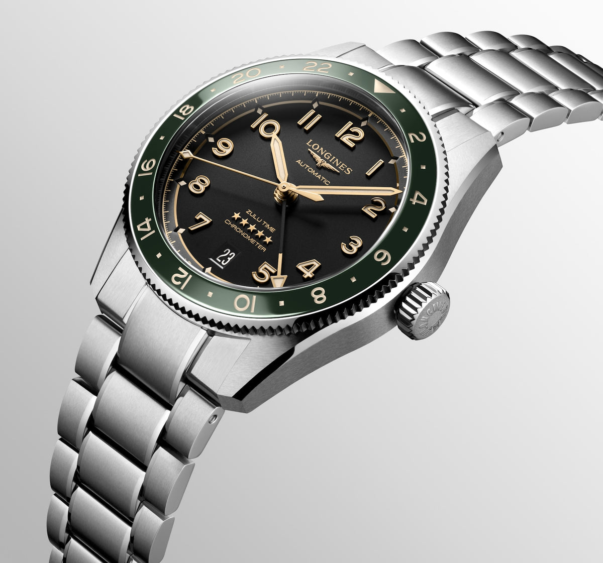 [SIMCHA-STANDALONE:L3.802.4.63.6:10] Longines Spirit Zulu Time 39.00 mm Automatic Anthracite Dial Stainless steel Bracelet Watch – L3.802.4.63.6 – LONGINES SPIRIT ZULU TIME L3.802.4.63.6 Automatic, Stainless steel and ceramic bezel, Anthracite, Bracelet Watch - Still life close up
