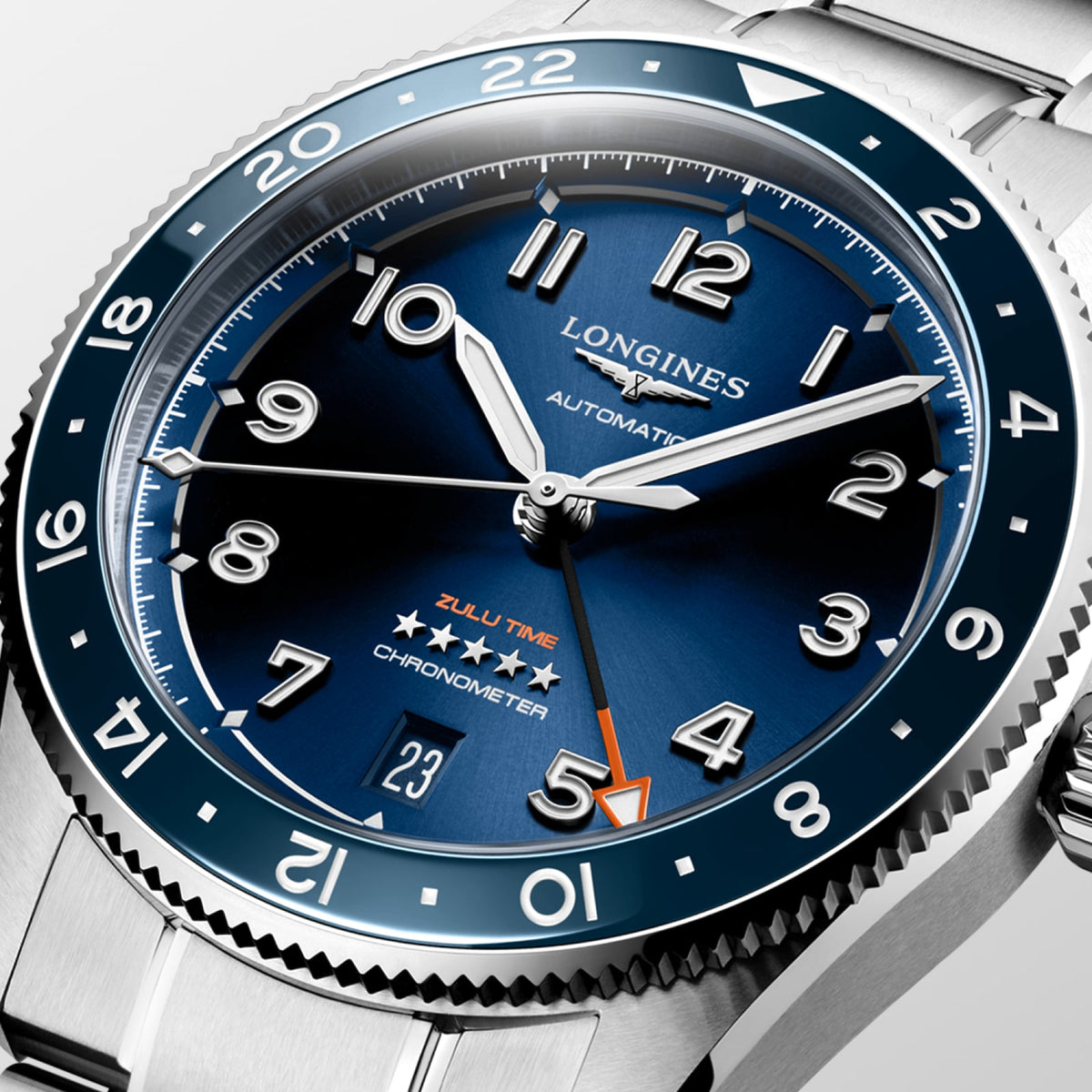 [SIMCHA-STANDALONE:L3.802.4.93.6:02] Longines Spirit Zulu Time 39.00 mm Automatic Sunray blue Dial Stainless steel Bracelet Watch – L3.802.4.93.6 – LONGINES SPIRIT ZULU TIME L3.802.4.93.6 Automatic, Stainless steel and ceramic bezel, Sunray blue, Bracelet Watch - Face close up