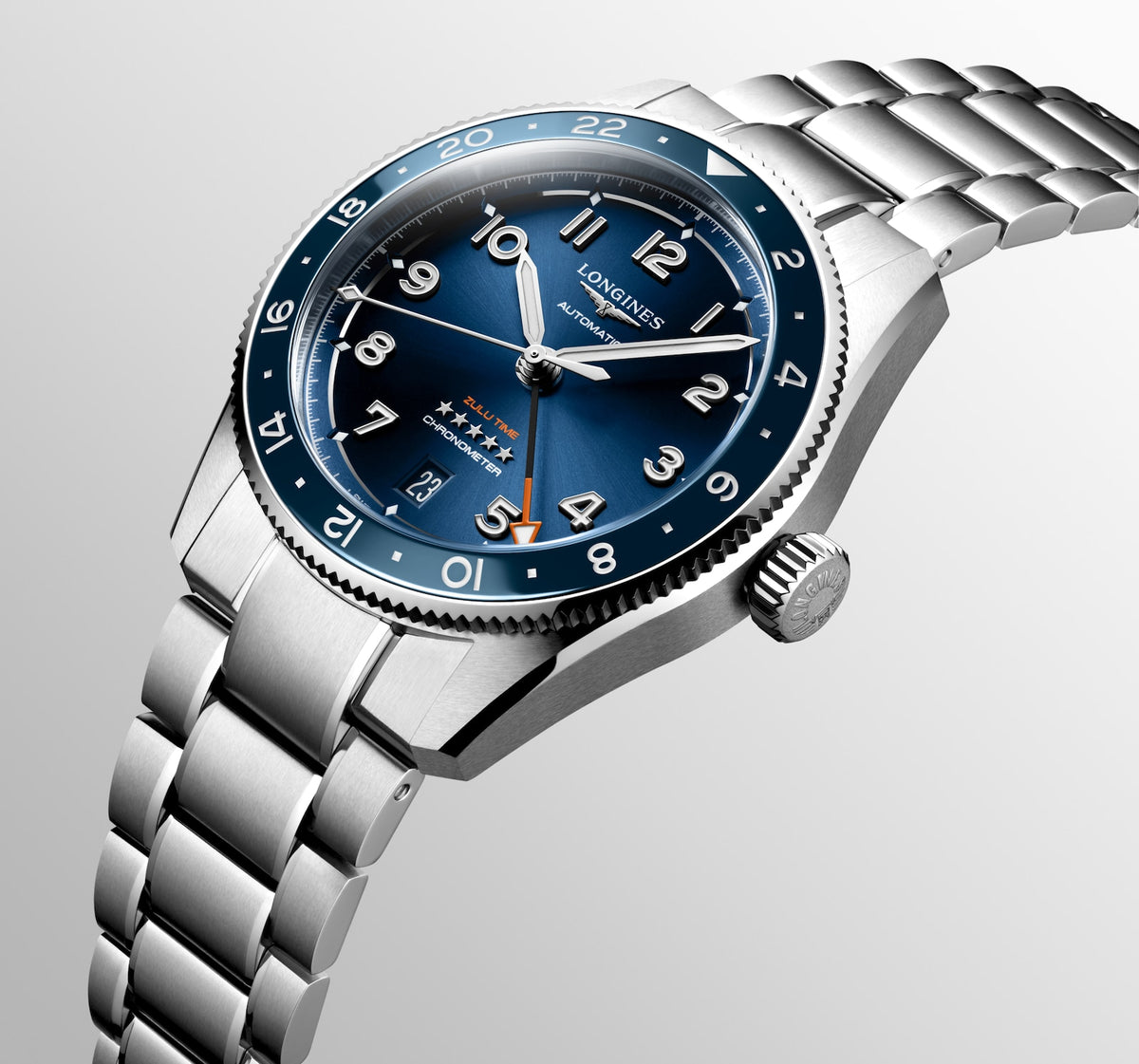 [SIMCHA-STANDALONE:L3.802.4.93.6:08] Longines Spirit Zulu Time 39.00 mm Automatic Sunray blue Dial Stainless steel Bracelet Watch – L3.802.4.93.6 – LONGINES SPIRIT ZULU TIME L3.802.4.93.6 Automatic, Stainless steel and ceramic bezel, Sunray blue, Bracelet Watch - Still life close up