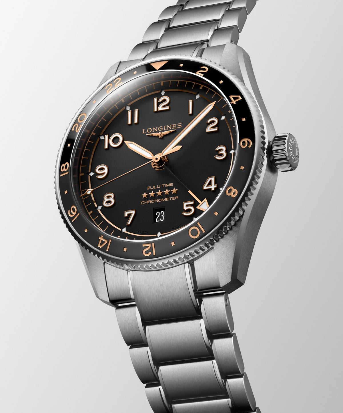 [SIMCHA-TOP500:LONGINES:L3.812.4.50.6:04] LONGINES SPIRIT ZULU TIME L3.812.4.50.6 Automatic, Stainless steel and ceramic bezel, Black matt, Bracelet Watch - Watch face
