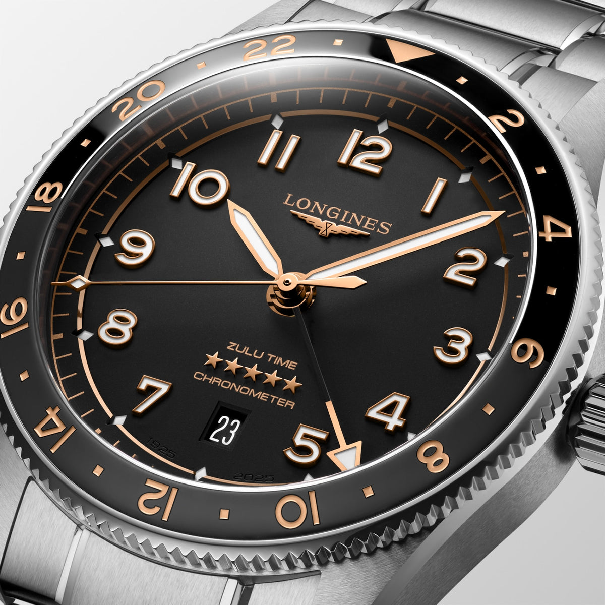 [SIMCHA-TOP500:LONGINES:L3.812.4.50.6:02] LONGINES SPIRIT ZULU TIME L3.812.4.50.6 Automatic, Stainless steel and ceramic bezel, Black matt, Bracelet Watch - Face close up