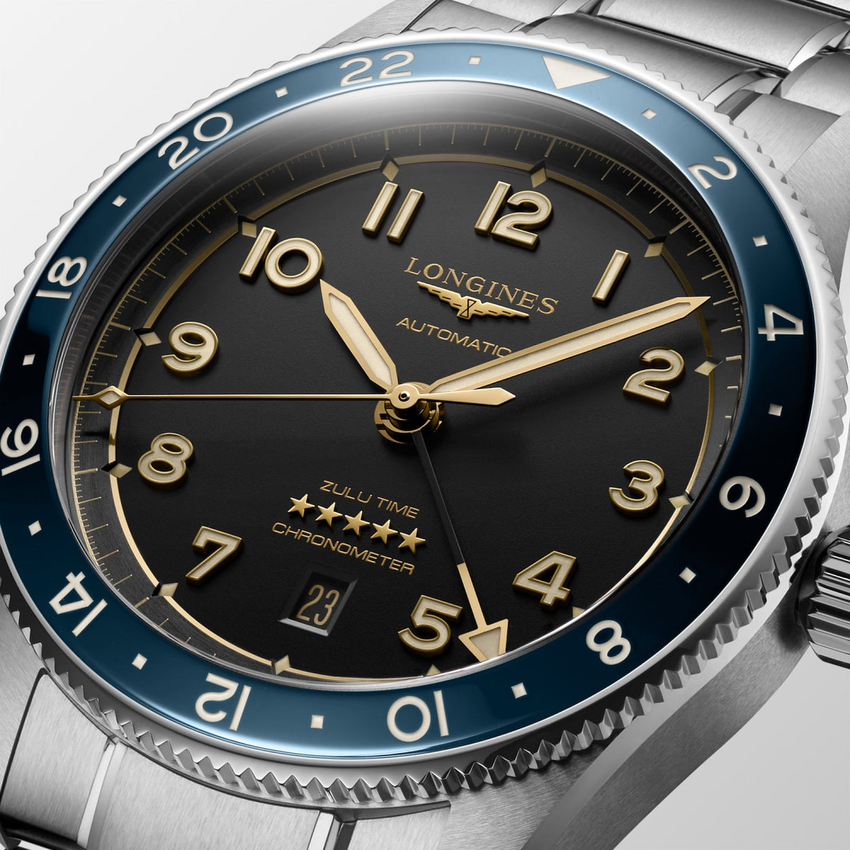 [SIMCHA-TOP500:LONGINES:L3.812.4.60.6:02] LONGINES SPIRIT ZULU TIME L3.812.4.60.6 Automatic, Stainless steel and ceramic bezel, Anthracite, Bracelet Watch - Face close up