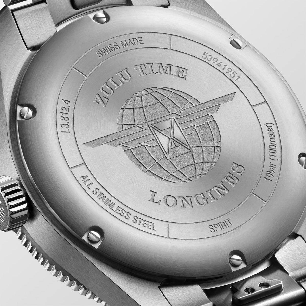 [SIMCHA-TOP500:LONGINES:L3.812.4.60.6:03] LONGINES SPIRIT ZULU TIME L3.812.4.60.6 Automatic, Stainless steel and ceramic bezel, Anthracite, Bracelet Watch - Back close up