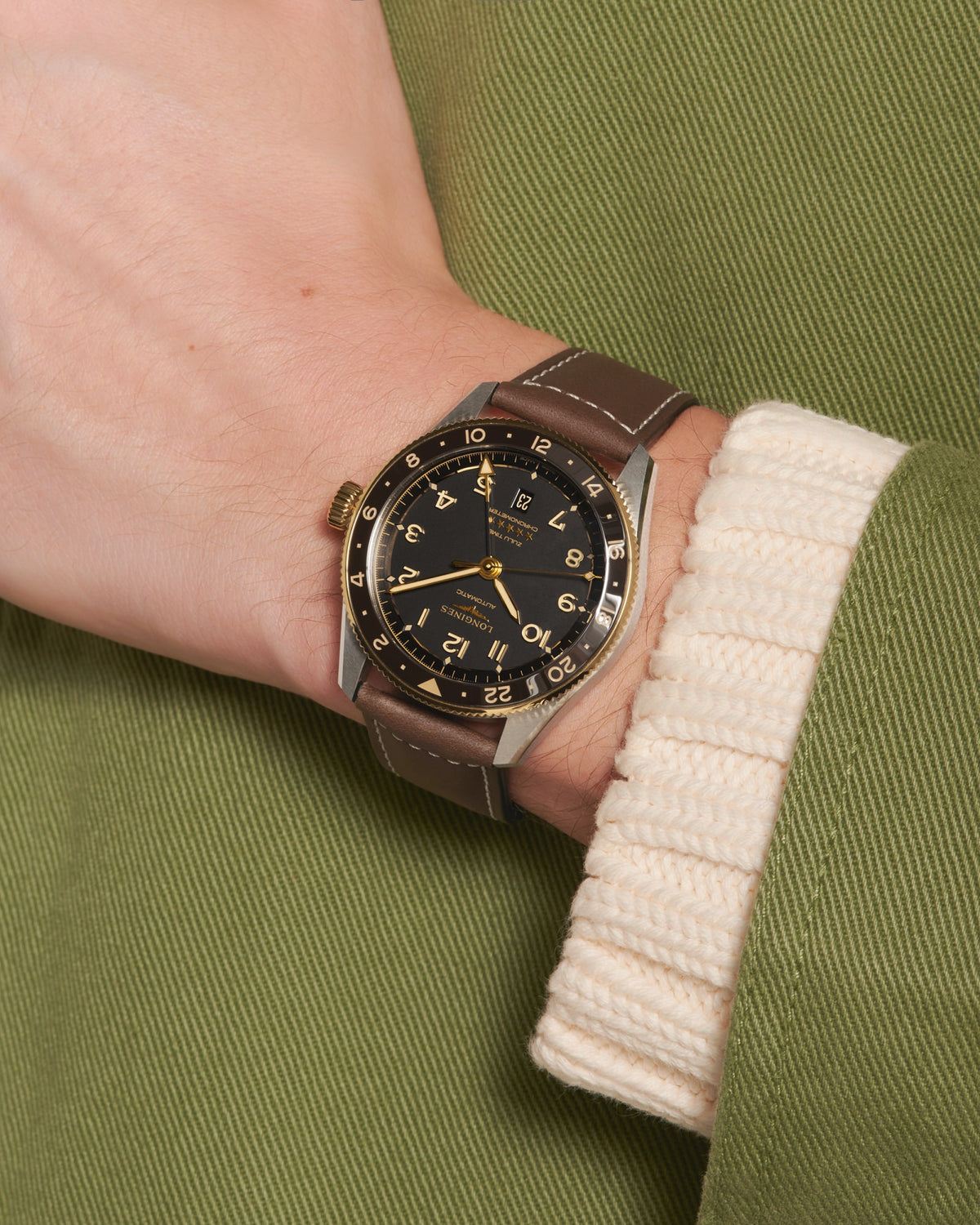 [SIMCHA-TOP500:LONGINES:L3.812.5.53.2:03] LONGINES SPIRIT ZULU TIME L3.812.5.53.2 Automatic, Stainless steel and 18 karat yellow gold cap 200, Anthracite, Strap Watch - Wristshot