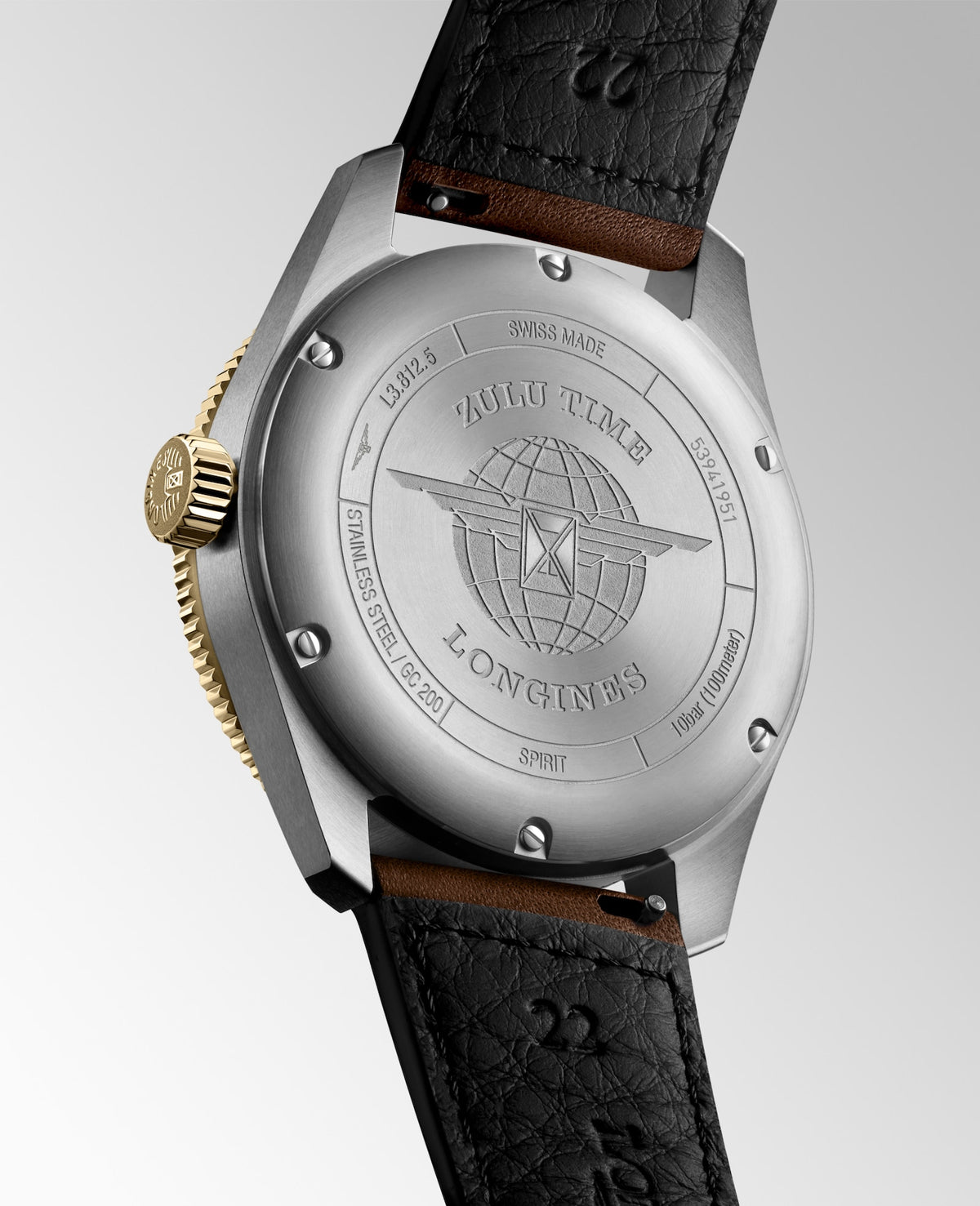 [SIMCHA-TOP500:LONGINES:L3.812.5.53.2:07] LONGINES SPIRIT ZULU TIME L3.812.5.53.2 Automatic, Stainless steel and 18 karat yellow gold cap 200, Anthracite, Strap Watch - Watch back