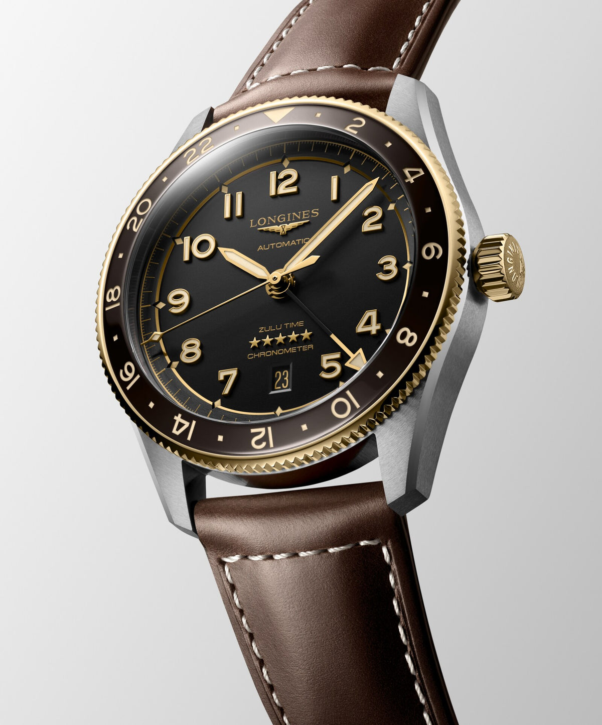 [SIMCHA-TOP500:LONGINES:L3.812.5.53.2:06] LONGINES SPIRIT ZULU TIME L3.812.5.53.2 Automatic, Stainless steel and 18 karat yellow gold cap 200, Anthracite, Strap Watch - Watch face