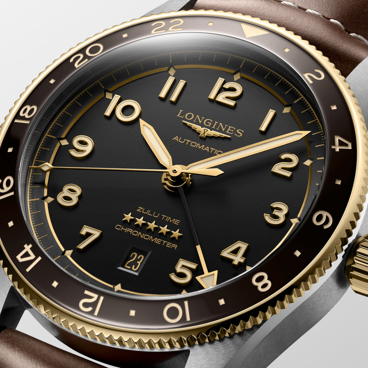 [SIMCHA-TOP500:LONGINES:L3.812.5.53.2:02] LONGINES SPIRIT ZULU TIME L3.812.5.53.2 Automatic, Stainless steel and 18 karat yellow gold cap 200, Anthracite, Strap Watch - Face close up