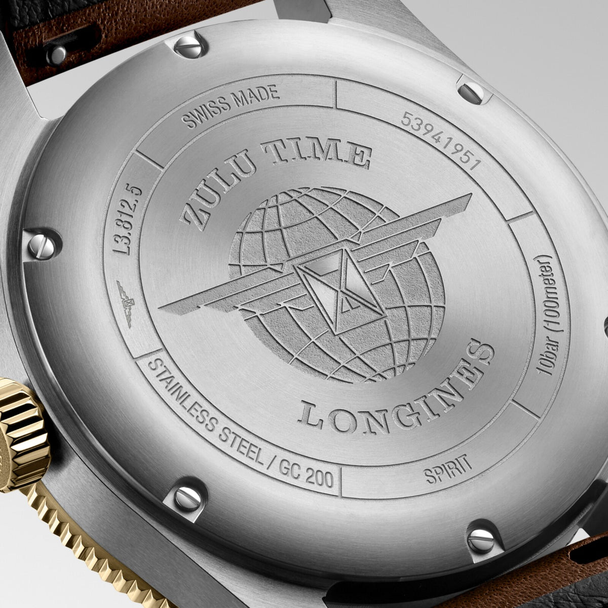 [SIMCHA-TOP500:LONGINES:L3.812.5.53.2:04] LONGINES SPIRIT ZULU TIME L3.812.5.53.2 Automatic, Stainless steel and 18 karat yellow gold cap 200, Anthracite, Strap Watch - Back close up