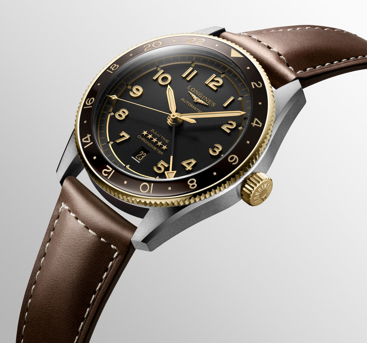 [SIMCHA-TOP500:LONGINES:L3.812.5.53.2:10] LONGINES SPIRIT ZULU TIME L3.812.5.53.2 Automatic, Stainless steel and 18 karat yellow gold cap 200, Anthracite, Strap Watch - Still life close up