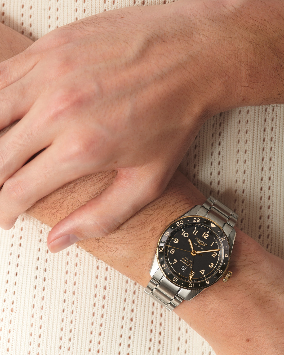 [SIMCHA-TOP500:LONGINES:L3.812.5.53.6:03] LONGINES SPIRIT ZULU TIME L3.812.5.53.6 Automatic, Stainless steel and 18 karat yellow gold cap 200, Anthracite, Bracelet Watch - Wristshot