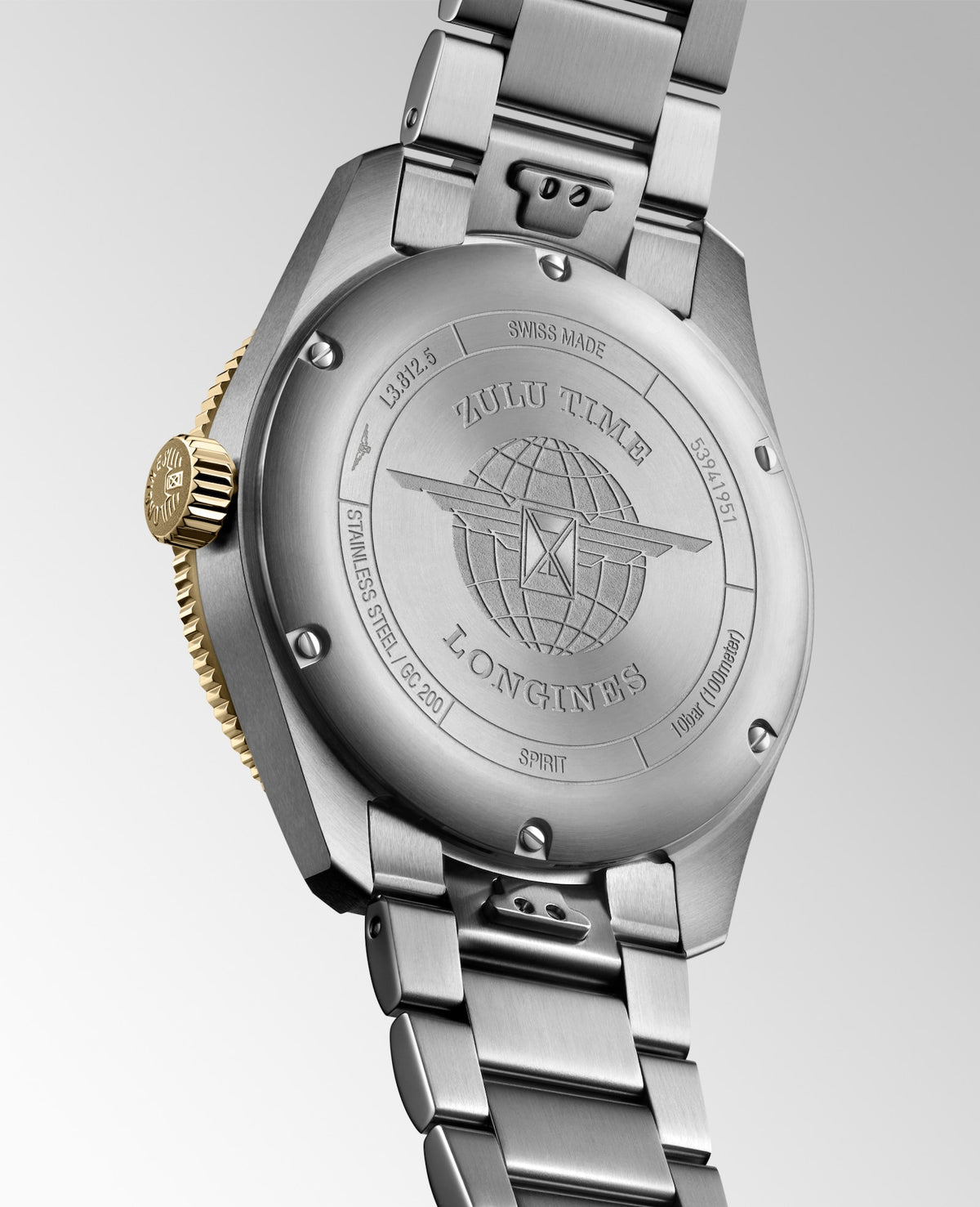 [SIMCHA-TOP500:LONGINES:L3.812.5.53.6:07] LONGINES SPIRIT ZULU TIME L3.812.5.53.6 Automatic, Stainless steel and 18 karat yellow gold cap 200, Anthracite, Bracelet Watch - Watch back