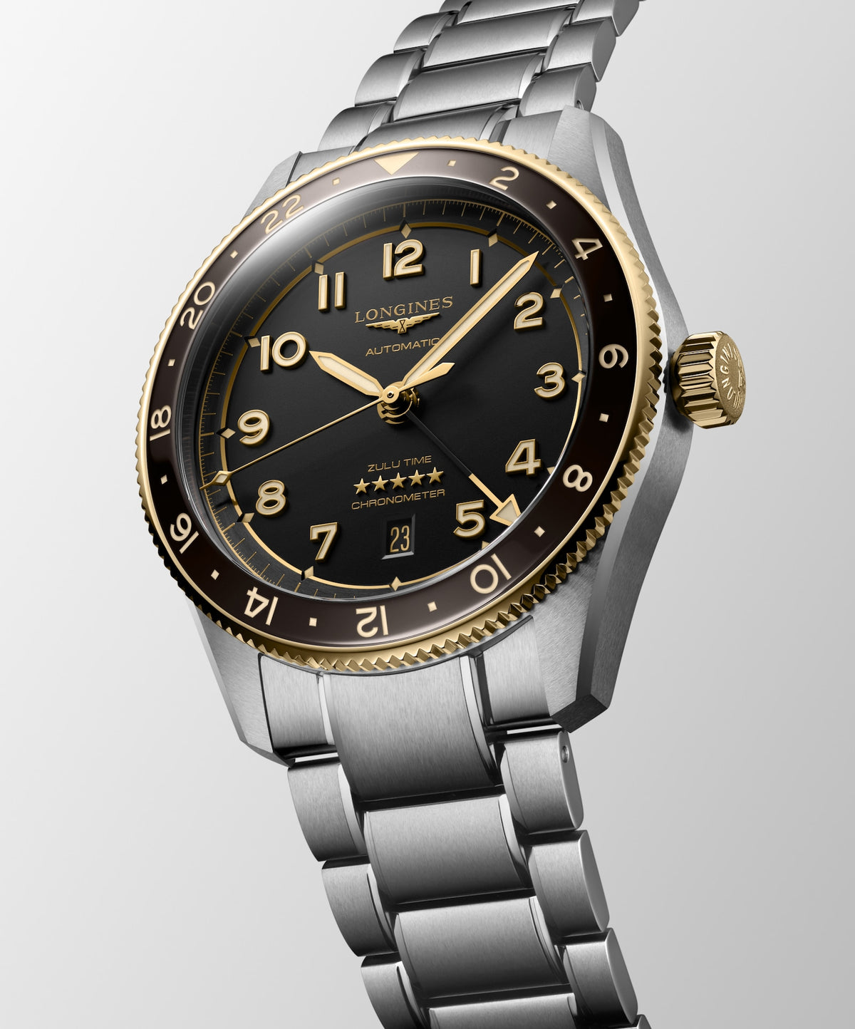 [SIMCHA-TOP500:LONGINES:L3.812.5.53.6:06] LONGINES SPIRIT ZULU TIME L3.812.5.53.6 Automatic, Stainless steel and 18 karat yellow gold cap 200, Anthracite, Bracelet Watch - Watch face