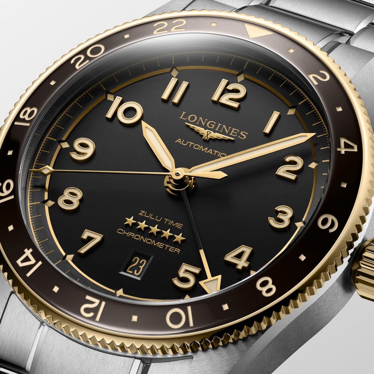 [SIMCHA-TOP500:LONGINES:L3.812.5.53.6:02] LONGINES SPIRIT ZULU TIME L3.812.5.53.6 Automatic, Stainless steel and 18 karat yellow gold cap 200, Anthracite, Bracelet Watch - Face close up