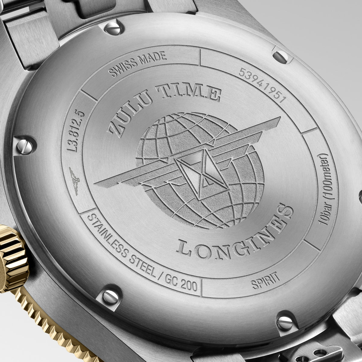 [SIMCHA-TOP500:LONGINES:L3.812.5.53.6:04] LONGINES SPIRIT ZULU TIME L3.812.5.53.6 Automatic, Stainless steel and 18 karat yellow gold cap 200, Anthracite, Bracelet Watch - Back close up