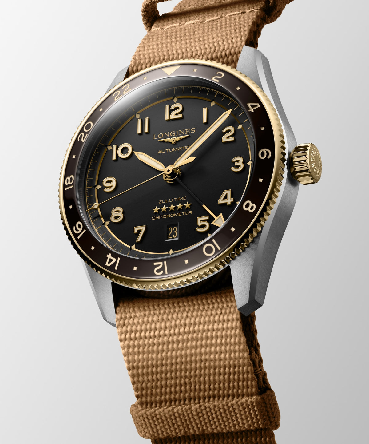 [SIMCHA-TOP500:LONGINES:L3.812.5.53.9:06] LONGINES SPIRIT ZULU TIME L3.812.5.53.9 Automatic, Stainless steel and 18 karat yellow gold cap 200, Anthracite, Strap Watch - Watch face