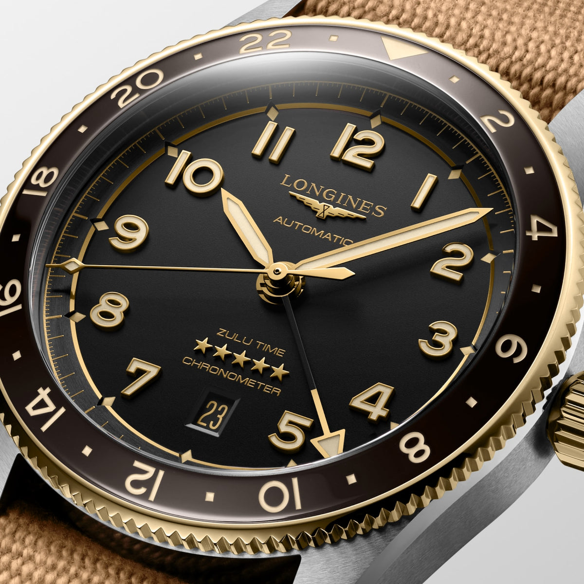 [SIMCHA-TOP500:LONGINES:L3.812.5.53.9:02] LONGINES SPIRIT ZULU TIME L3.812.5.53.9 Automatic, Stainless steel and 18 karat yellow gold cap 200, Anthracite, Strap Watch - Face close up