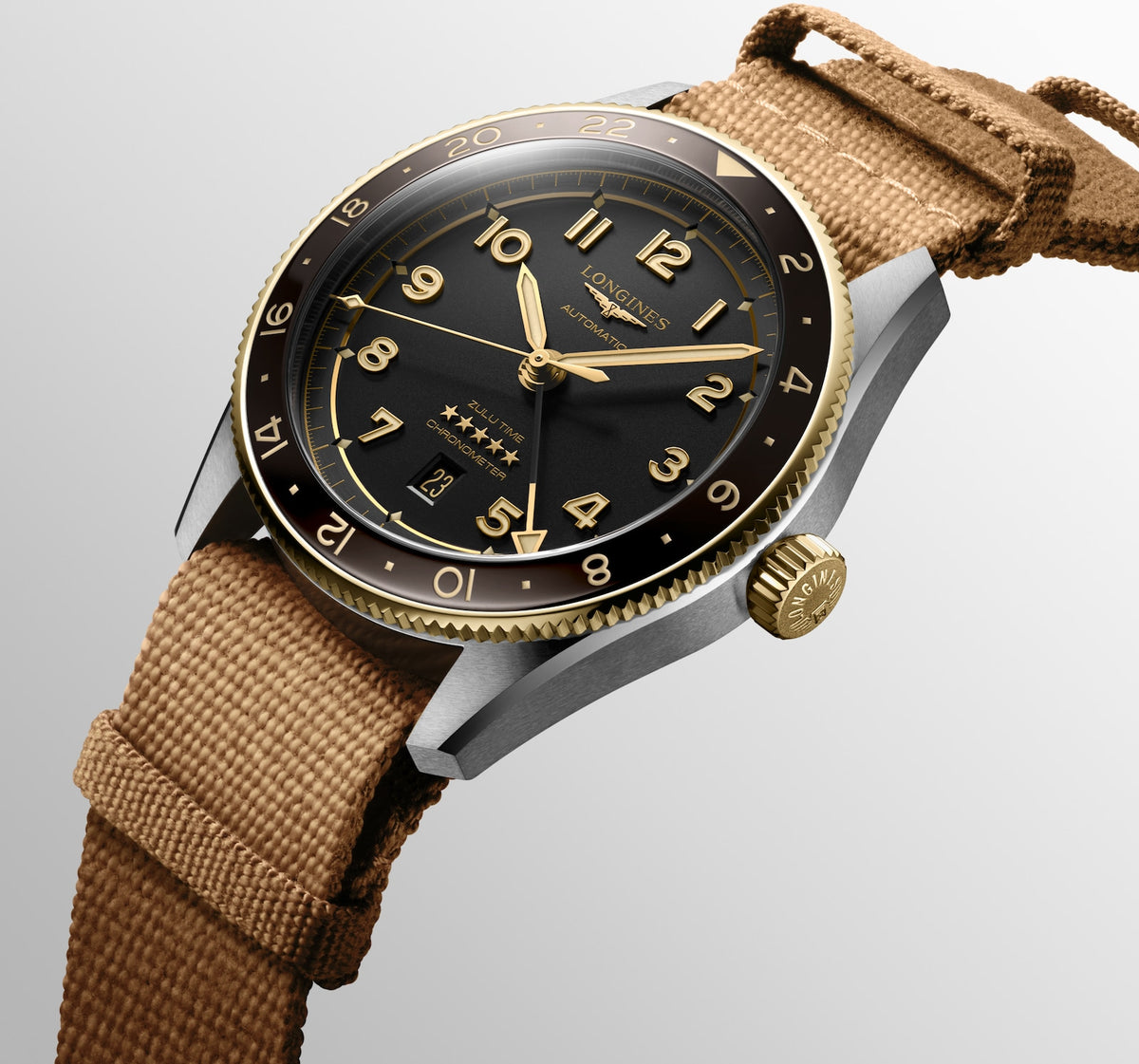 [SIMCHA-TOP500:LONGINES:L3.812.5.53.9:09] LONGINES SPIRIT ZULU TIME L3.812.5.53.9 Automatic, Stainless steel and 18 karat yellow gold cap 200, Anthracite, Strap Watch - Still life close up